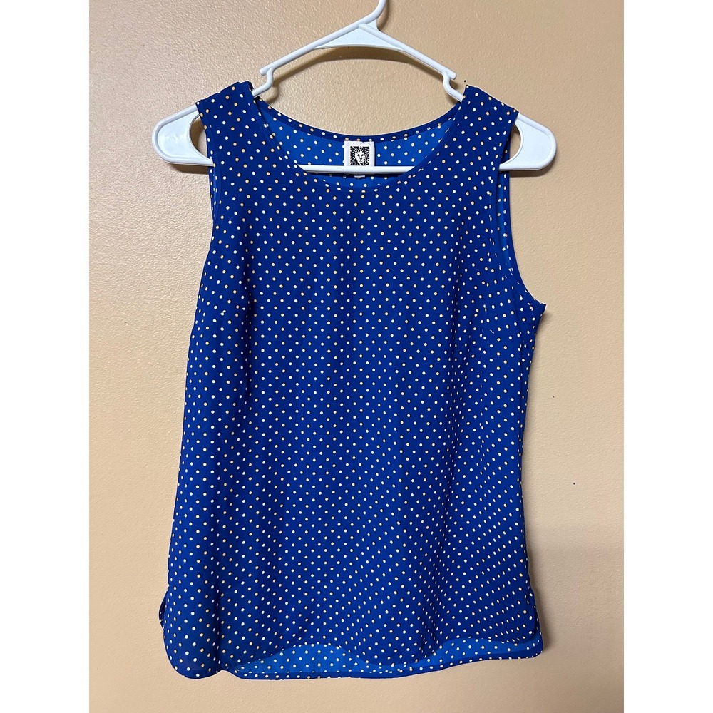 Anne Klein Womens Royal Blue Polka Dot Sleeveless Blouse Round Neck Top